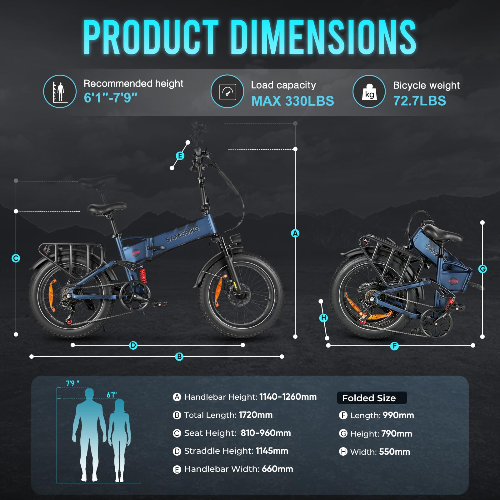 SAMEBIKE fatbike klappbar A02Pro 100km Reichweite fatbike 20 Zoll 48V 15Ah austauschbarer Akku 20"x4" Fat Tire Elektrofahrräder Klappbar mit Vorderradfederung 7-Gang-Pendlerfahrräder(Schwarz)