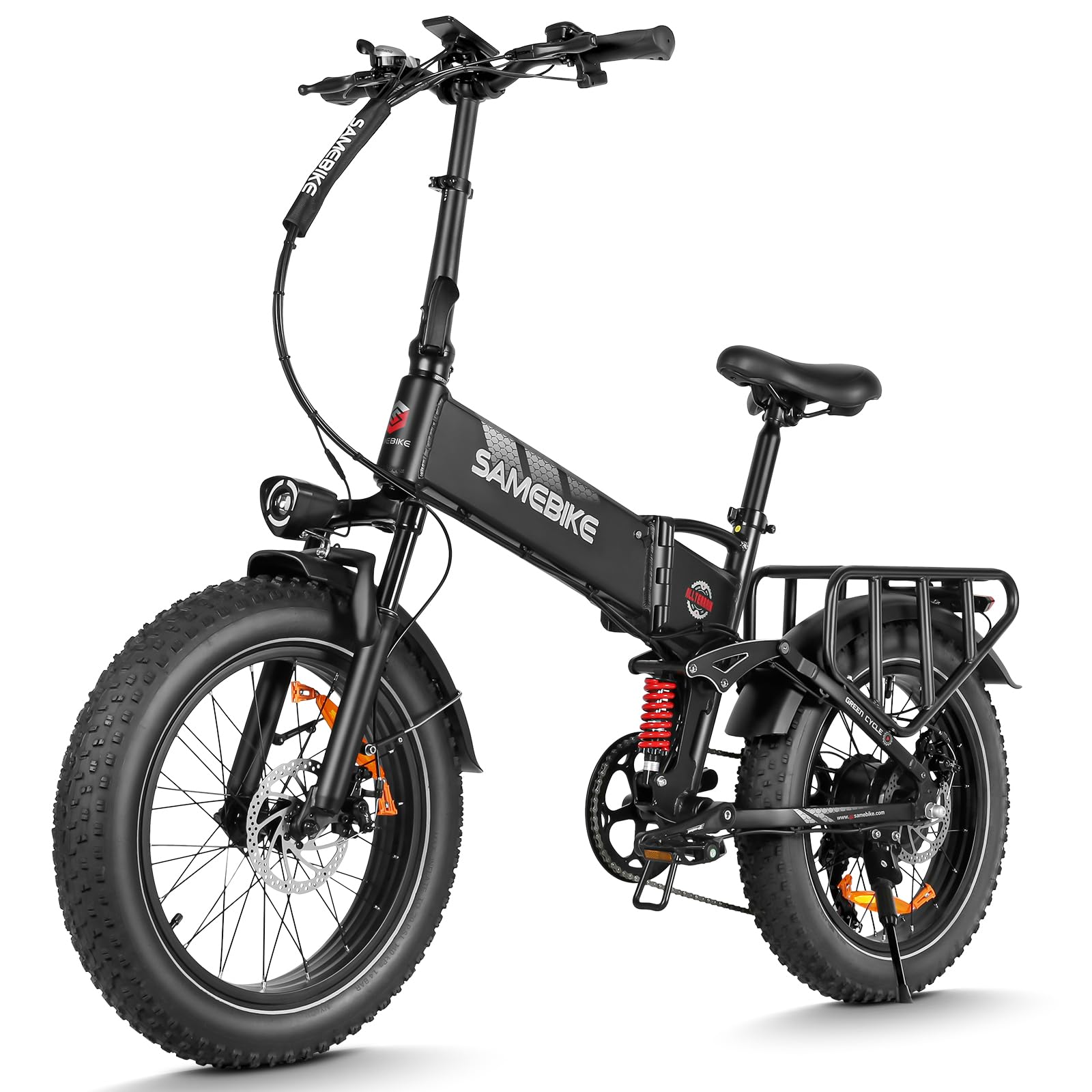 SAMEBIKE fatbike klappbar A02Pro 100km Reichweite fatbike 20 Zoll 48V 15Ah austauschbarer Akku 20"x4" Fat Tire Elektrofahrräder Klappbar mit Vorderradfederung 7-Gang-Pendlerfahrräder(Schwarz)