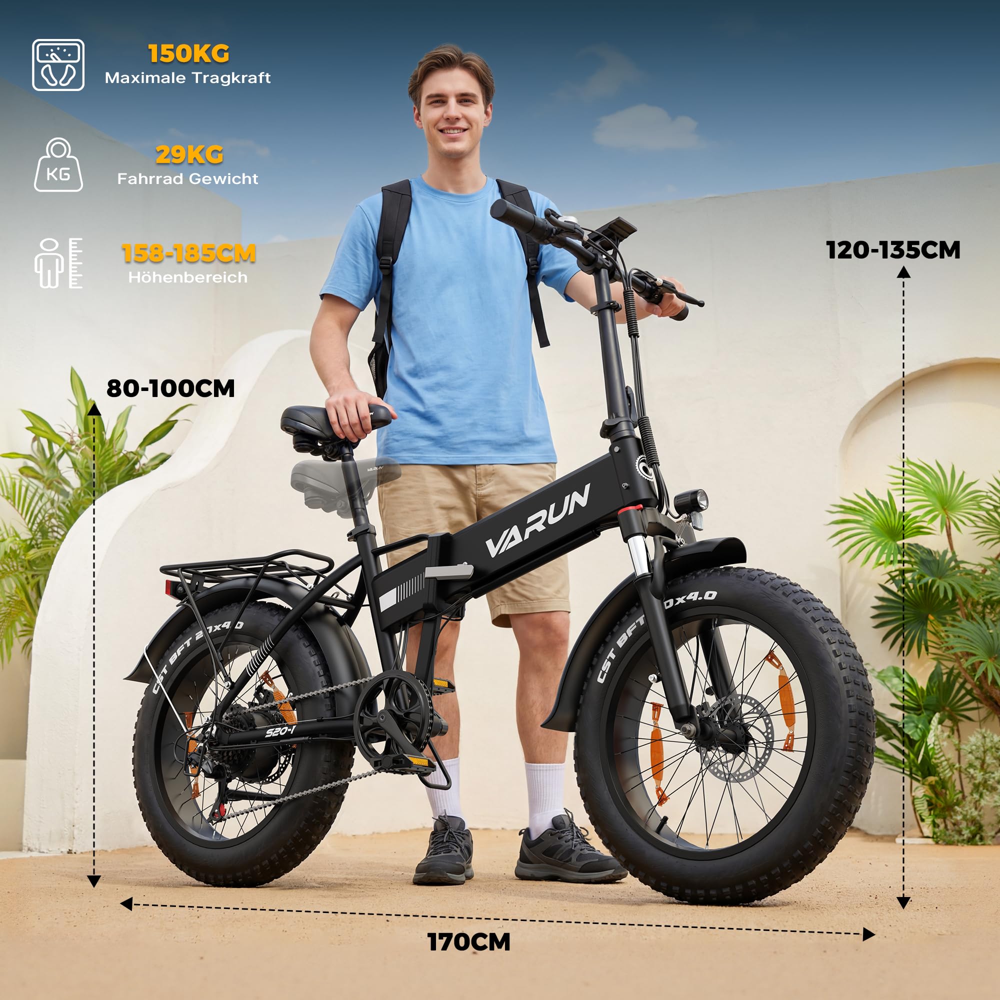 VARUN E Bike, 20 Zoll Elektrofahrräder mit 48V 13Ah (624Wh) Akku, bis 120KM Reichweite, 4.0 Fat tire Pedelec, StVZO, E-Bike Herren Damen mit 7-Gang für jedes Gelände, S20-1