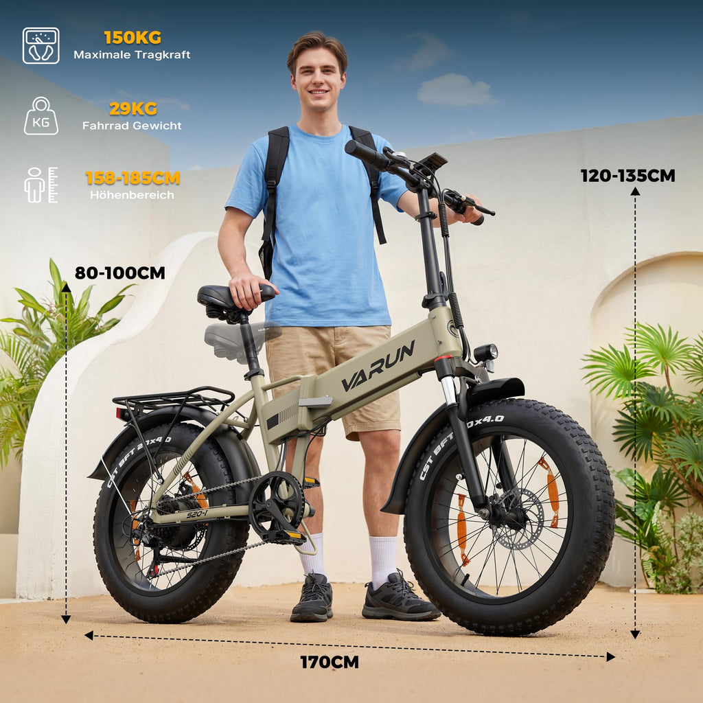VARUN E Bike, 20 Zoll Elektrofahrräder mit 48V 13Ah (624Wh) Akku, bis 120KM Reichweite, 4.0 Fat tire Pedelec, StVZO, E-Bike Herren Damen mit 7-Gang für jedes Gelände, S20-1