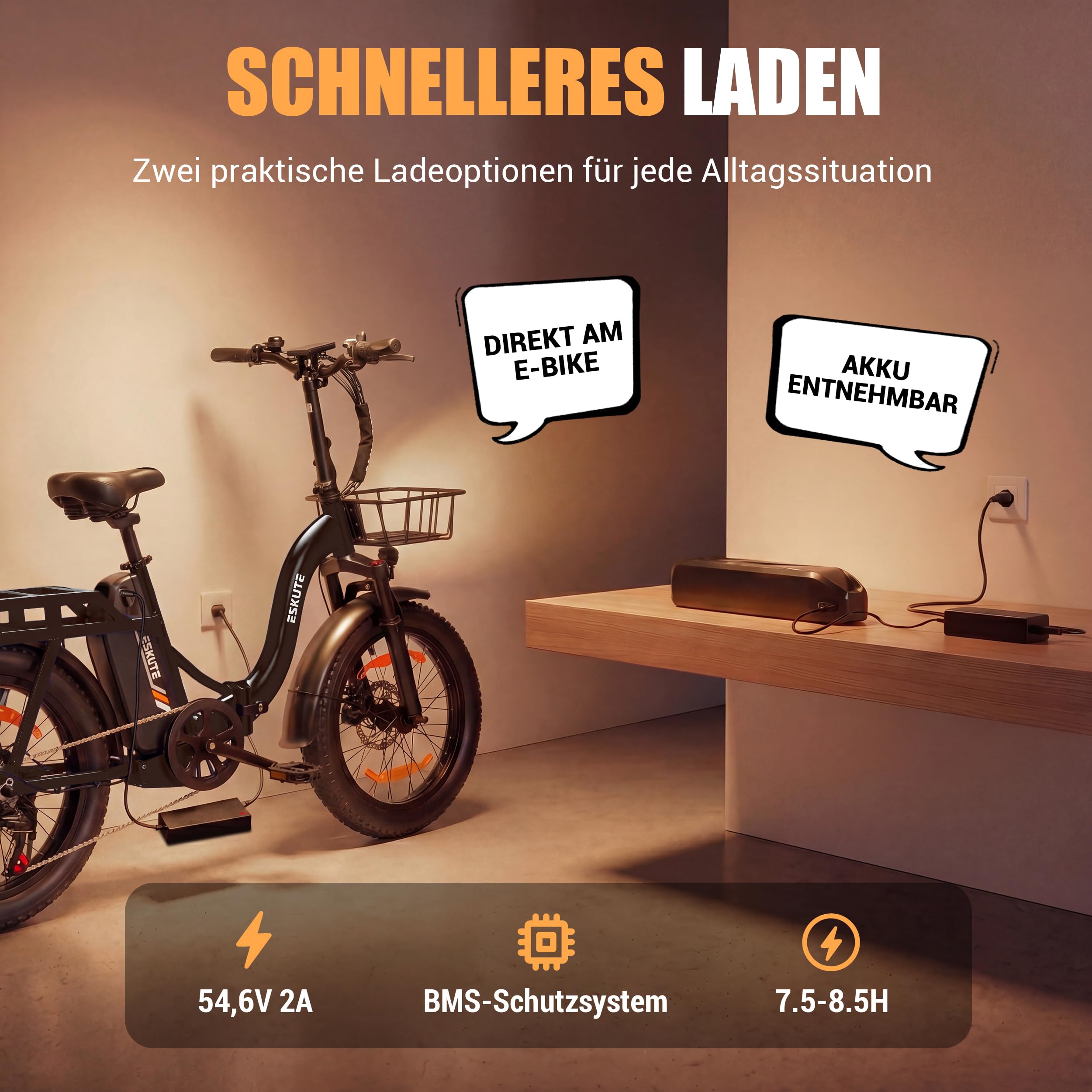 ESKUTE E-Bike D202 PRO, 20×4 Zoll faltbares Fatbike, 48V 20,8Ah Akku, bis 100 km Reichweite, 250W Motor, 7-Gang Schaltung, für Herren & Damen, Gelände, Strand & Schnee, Schwarz