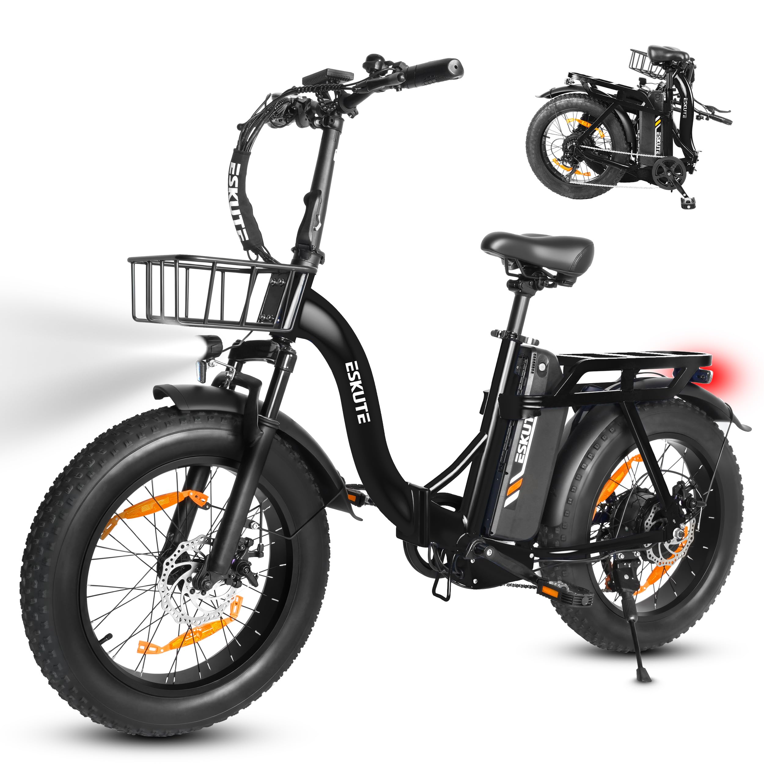 ESKUTE E-Bike D202 PRO, 20×4 Zoll faltbares Fatbike, 48V 20,8Ah Akku, bis 100 km Reichweite, 250W Motor, 7-Gang Schaltung, für Herren & Damen, Gelände, Strand & Schnee, Schwarz
