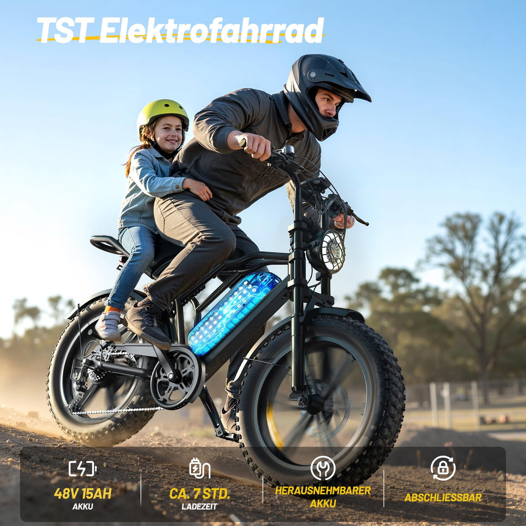 TST E Bikes Mountainbike Fatbike 20 Zoll Elektrofahrrad Herren Damen Elektro Fahrrad mit APP-Steuerung und Federung, E Fatbike 48V 15Ah Batterie 250W Motor 25km/h E Fahrrad