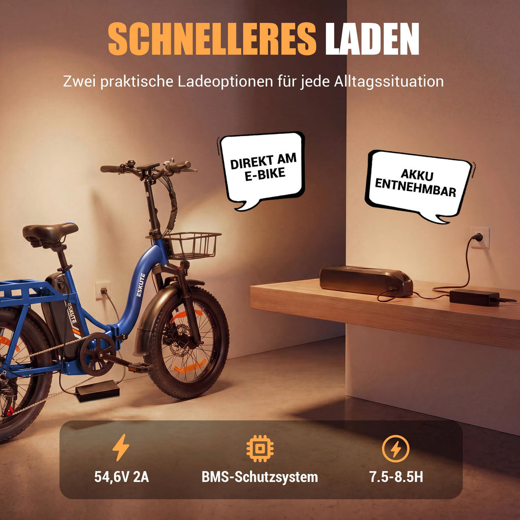 ESKUTE E-Bike D202 PRO, 20×4 Zoll faltbares Fatbike, 48V 20,8Ah Akku, bis 100 km Reichweite, 250W Motor, 7-Gang Schaltung, für Herren & Damen, Gelände, Strand & Schnee, Schwarz
