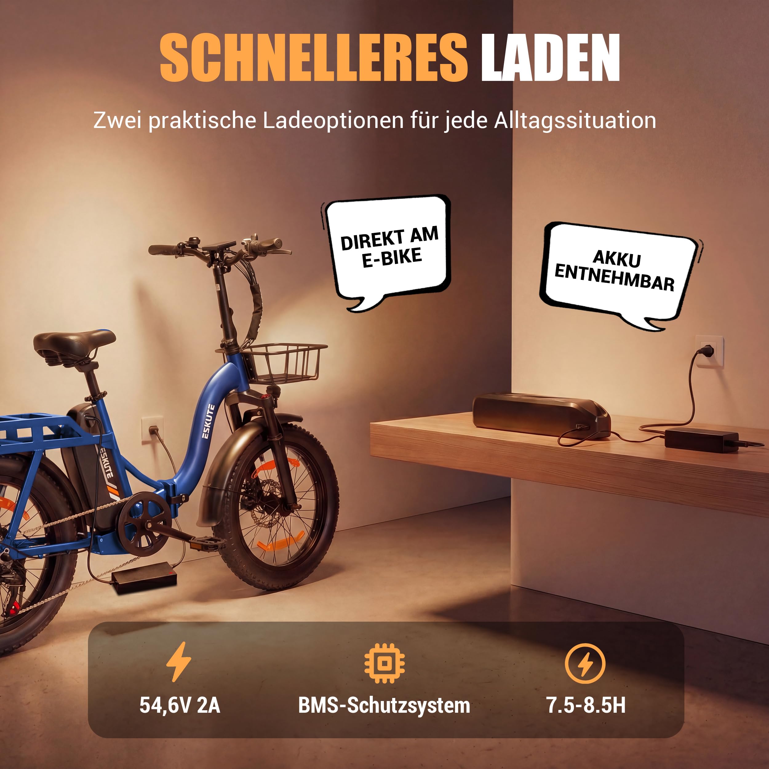 ESKUTE E-Bike D202 PRO, 20×4 Zoll faltbares Fatbike, 48V 20,8Ah Akku, bis 100 km Reichweite, 250W Motor, 7-Gang Schaltung, für Herren & Damen, Gelände, Strand & Schnee, Schwarz