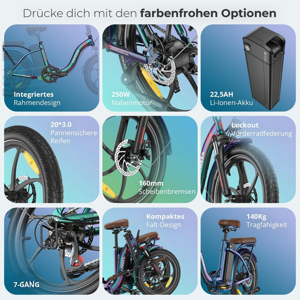 Ebike F20 Pro+ Fatbike Faltrad 20 Zoll mit 36V 22.5AH Akku Damen Ebike Herren 250W, Erwachsene Fatbike Elektromobilrad 140kg, E Mountainbike 20°, Ebike 25km/h (Handyhalter, Buntes Blau)