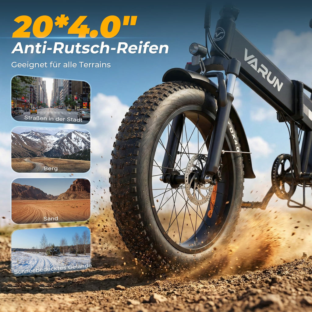 VARUN E Bike, 20 Zoll Elektrofahrräder mit 48V 13Ah (624Wh) Akku, bis 120KM Reichweite, 4.0 Fat tire Pedelec, StVZO, E-Bike Herren Damen mit 7-Gang für jedes Gelände, S20-1
