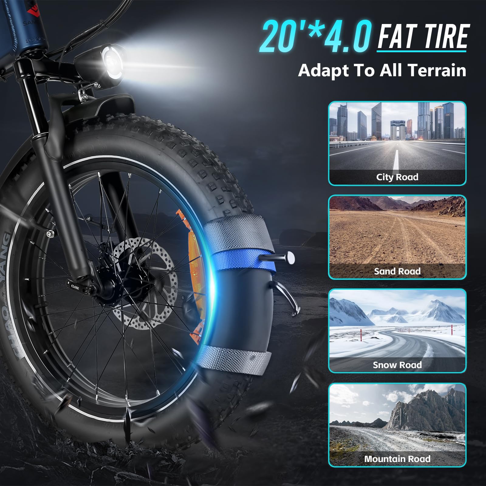 SAMEBIKE fatbike klappbar A02Pro 100km Reichweite fatbike 20 Zoll 48V 15Ah austauschbarer Akku 20"x4" Fat Tire Elektrofahrräder Klappbar mit Vorderradfederung 7-Gang-Pendlerfahrräder(Schwarz)