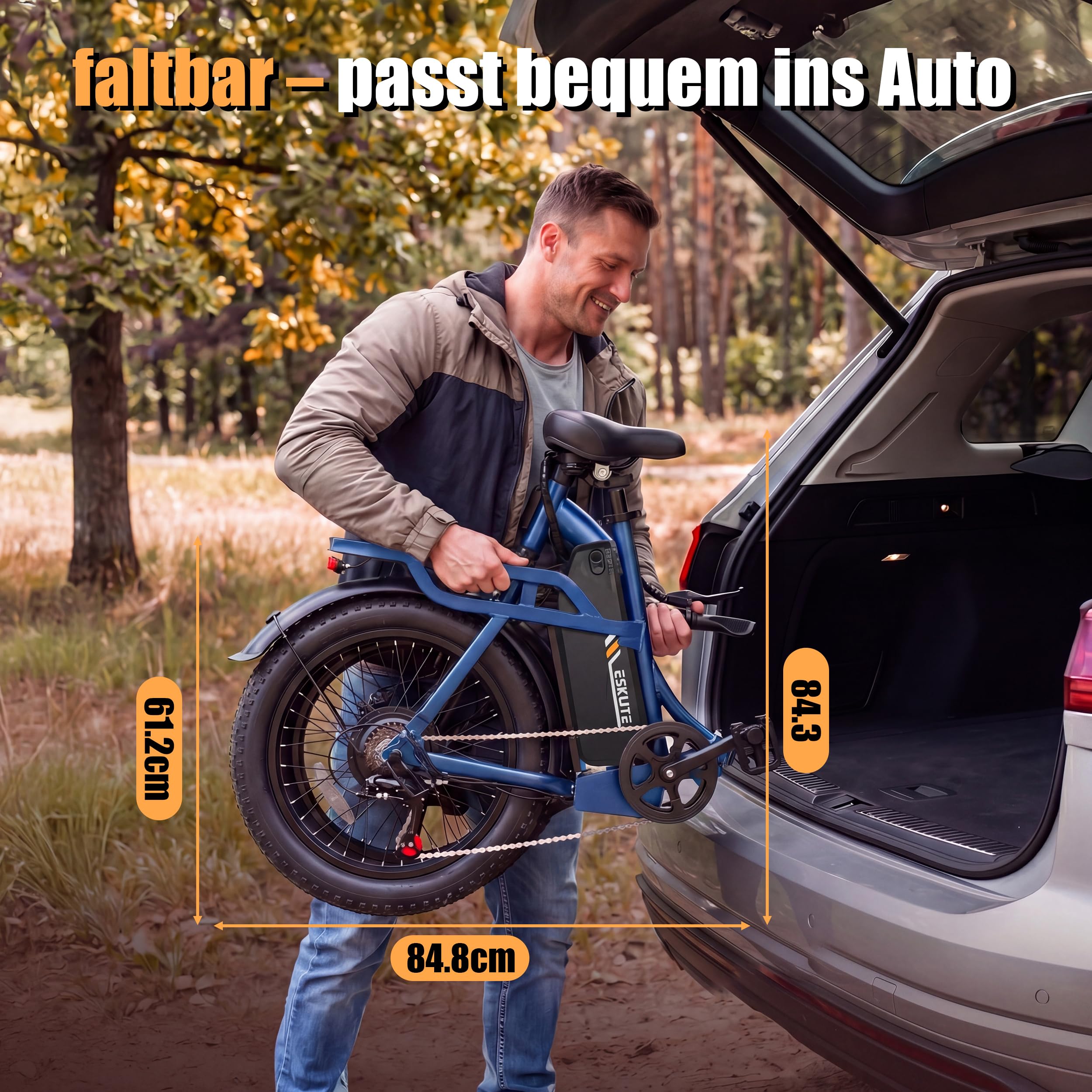 ESKUTE E-Bike D202 PRO, 20×4 Zoll faltbares Fatbike, 48V 20,8Ah Akku, bis 100 km Reichweite, 250W Motor, 7-Gang Schaltung, für Herren & Damen, Gelände, Strand & Schnee, Schwarz