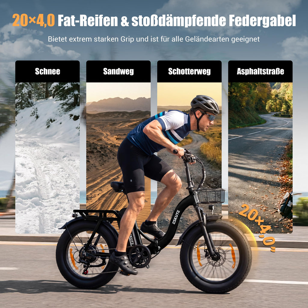 ESKUTE 2er-Set D202 PRO E-Bike 20×4 Zoll Fatbike, 48V 20,8Ah Akku, 250W Motor, bis 100 km Reichweite, 7-Gang, faltbar, für Gelände, Strand & Schnee