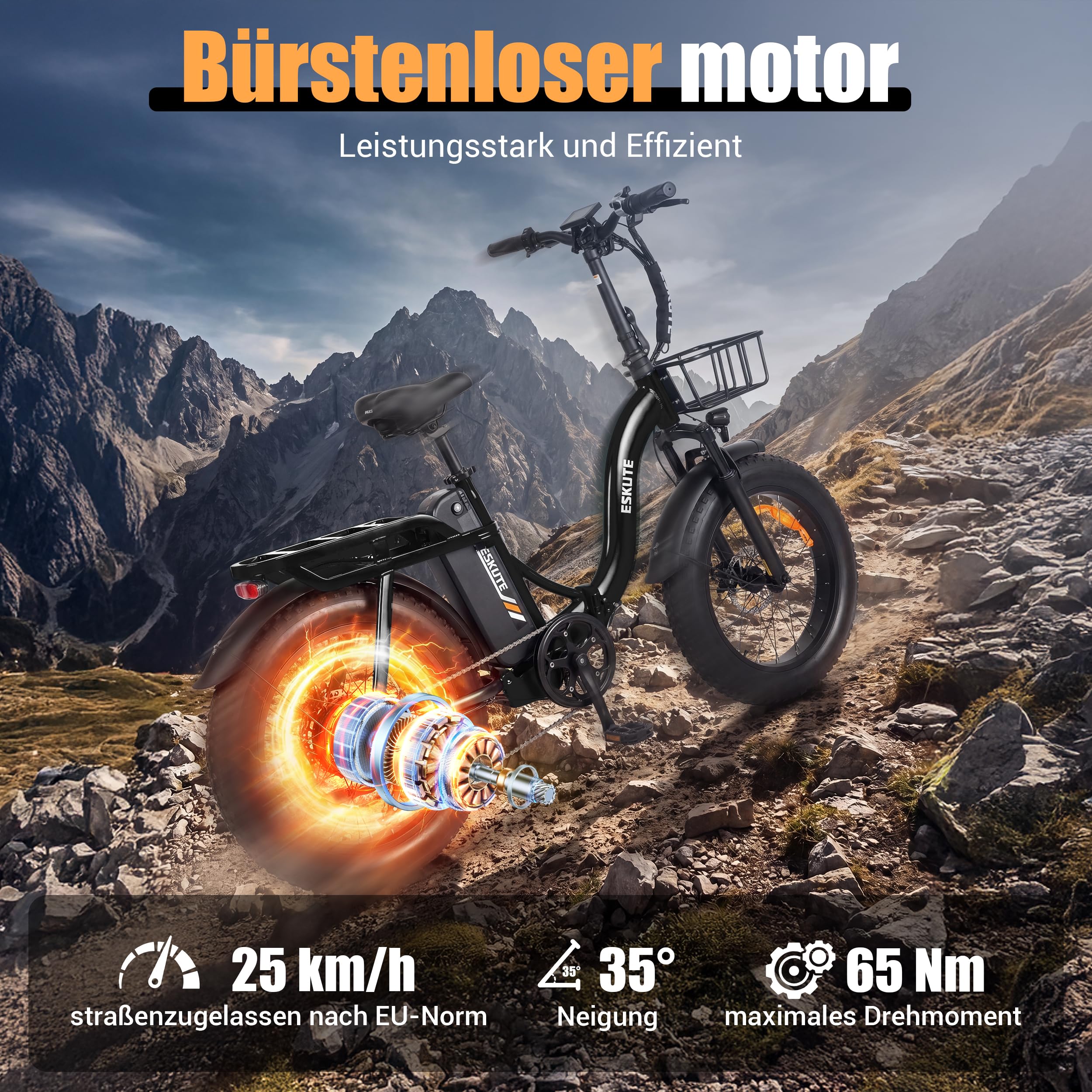 ESKUTE E-Bike D202 PRO, 20×4 Zoll faltbares Fatbike, 48V 20,8Ah Akku, bis 100 km Reichweite, 250W Motor, 7-Gang Schaltung, für Herren & Damen, Gelände, Strand & Schnee, Schwarz