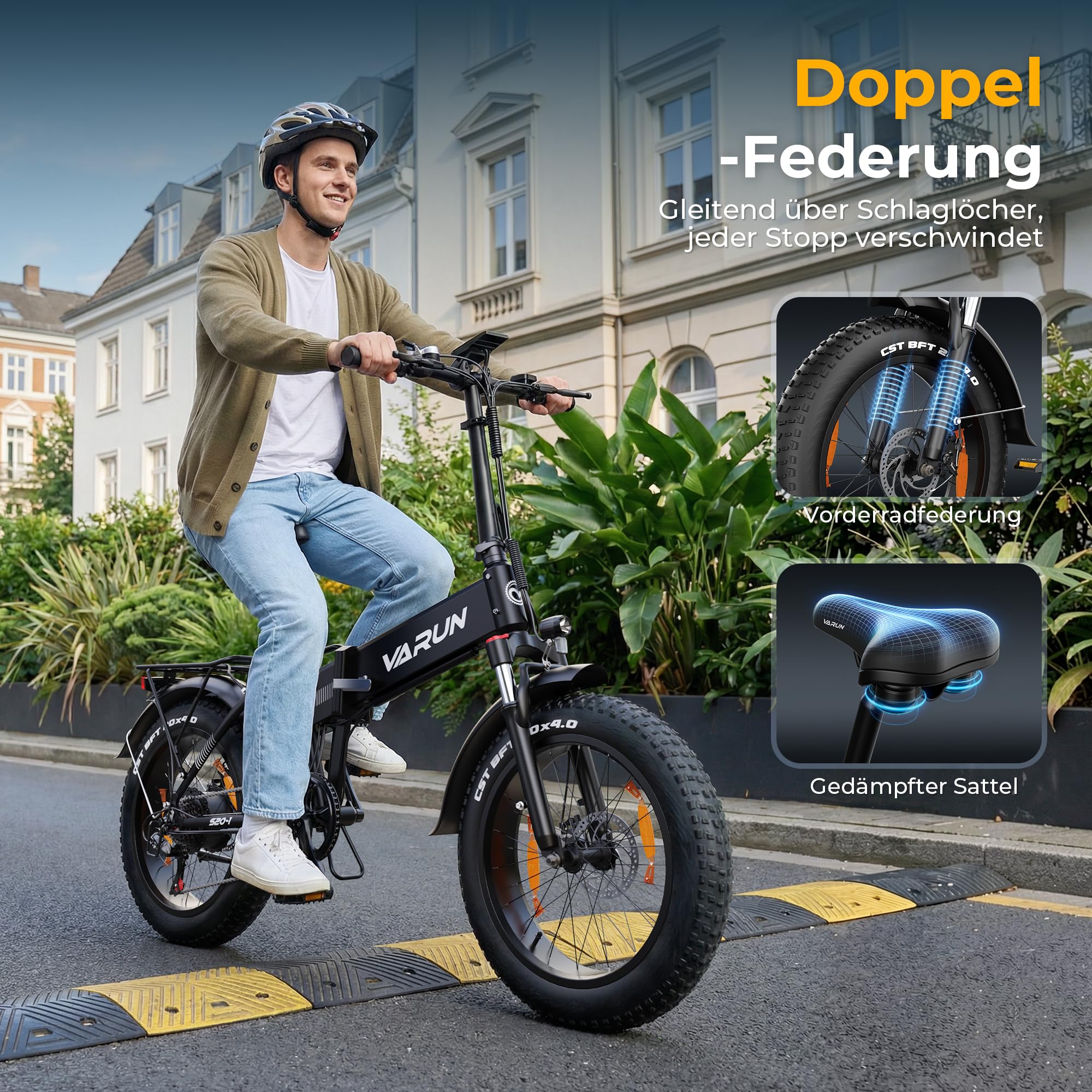 VARUN E Bike, 20 Zoll Elektrofahrräder mit 48V 13Ah (624Wh) Akku, bis 120KM Reichweite, 4.0 Fat tire Pedelec, StVZO, E-Bike Herren Damen mit 7-Gang für jedes Gelände, S20-1