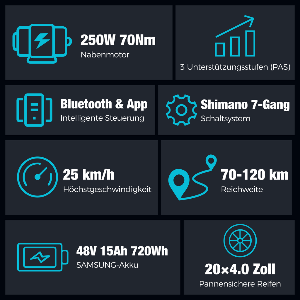 BK10S PRO 250W E-Fatbike – 20x4.0 Zoll, 70Nm Motor, 48V 15Ah Akku bis 120 km Reichweite & Doppelfederung