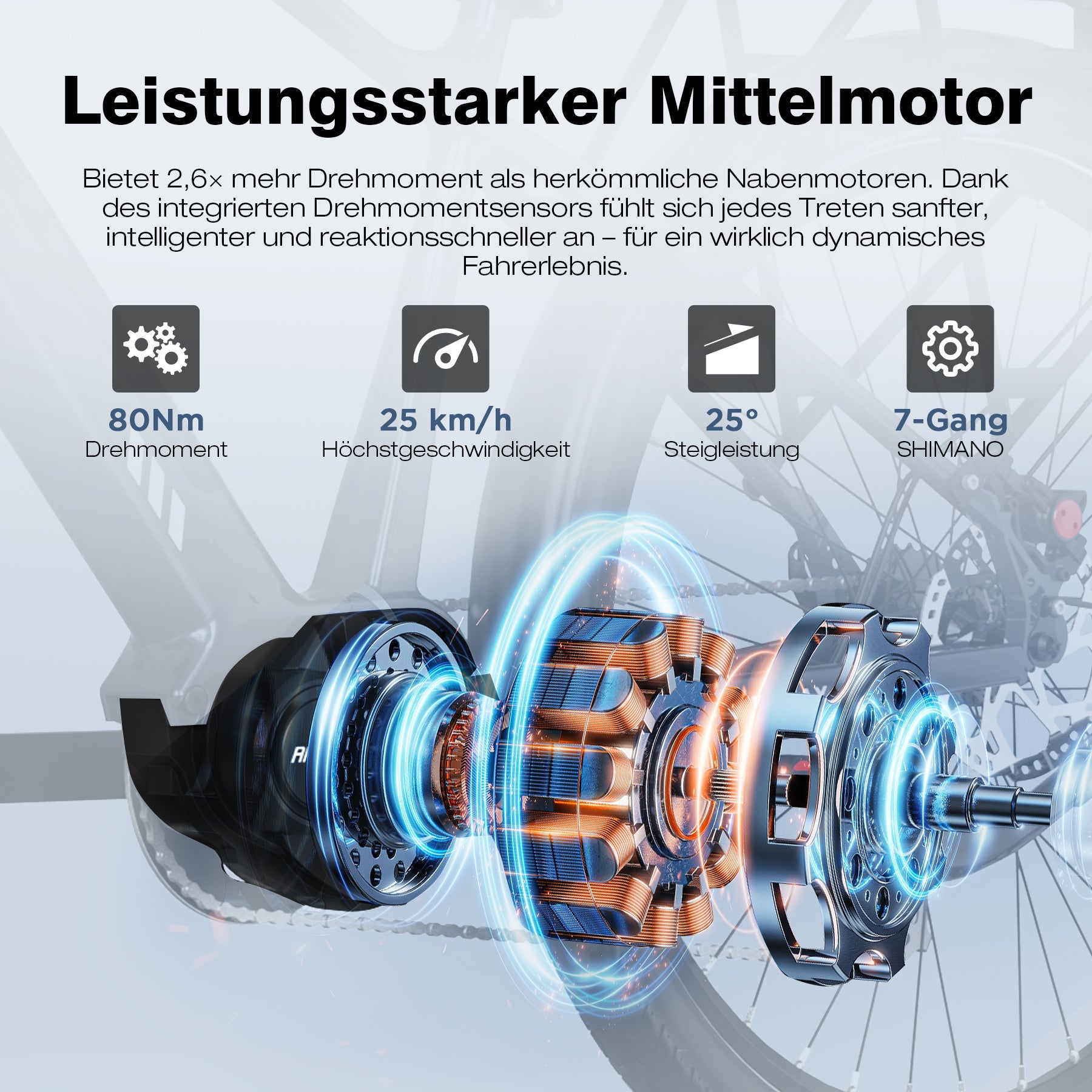 BK33 E-Bike 250W Mid-Drive – 26 Zoll Elektrofahrrad mit 80Nm Drehmoment, 374Wh Akku & App-Steuerung