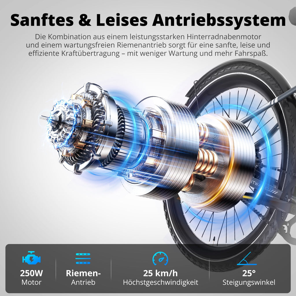 BK19 Pro E-Bike 250W – Riemenantrieb, leiser Heckmotor, 36V 10.4Ah Akku & App-Steuerung