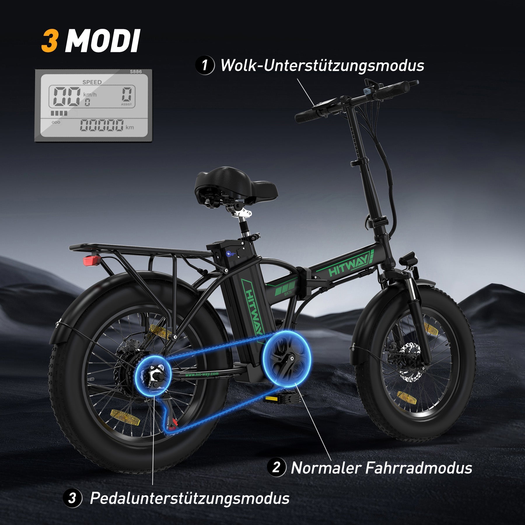 BK11 E-Bike 250W – 20 Zoll Fatbike mit 36V 12Ah Akku, 25 km/h & faltbarem Design